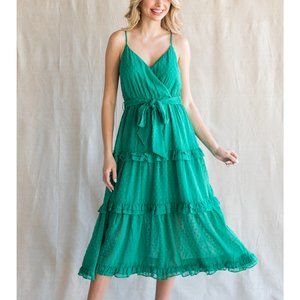 NWT Jodifl Emerald Green Chiffon Swiss Dot Midi Dress With Surplice Neckline
